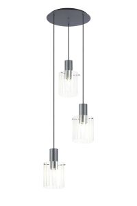 Brandroot Ribbed 49.5cm Round Pendant, 3 Light Adjustable E27, Dark Grey/Frosted/Clear Wide Line Glass