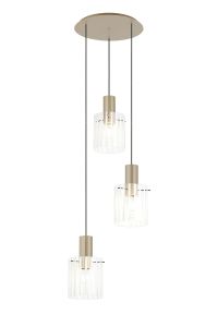 Brandroot Ribbed 49.5cm Round Pendant, 3 Light Adjustable E27, Light Gold/Frosted/Clear Wide Line Glass