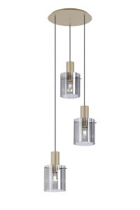 Brandroot Ribbed 49.5cm Round Pendant, 3 Light Adjustable E27, Light Gold/Smoke Wide Line Glass
