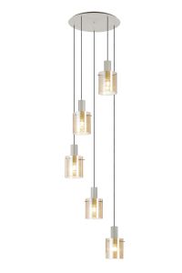 Brandroot Ribbed 66cm Round Pendant, 5 Light Adjustable E27, Beige Stone/Amber Narrow Line Glass