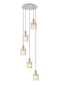 Brandroot Ribbed 66cm Round Pendant, 5 Light Adjustable E27, Beige Stone/Amber Wide Line Glass