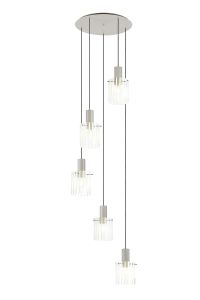 Brandroot Ribbed 66cm Round Pendant, 5 Light Adjustable E27, Beige Stone/Frosted/Clear Wide Line Glass