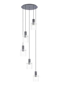 Brandroot Ribbed 66cm Round Pendant, 5 Light Adjustable E27, Dark Grey/Clear Narrow Line Glass
