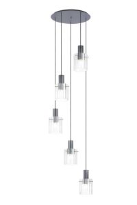 Brandroot Ribbed 66cm Round Pendant, 5 Light Adjustable E27, Dark Grey/Clear Wide Line Glass