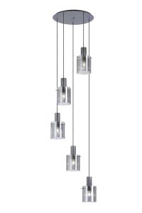 Brandroot Ribbed 66cm Round Pendant, 5 Light Adjustable E27, Dark Grey/Smoke Wide Line Glass