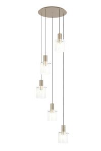 Brandroot Ribbed 66cm Round Pendant, 5 Light Adjustable E27, Light Gold/Frosted/Clear Wide Line Glass