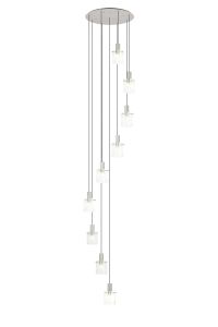 Brandroot Ribbed 86cm Round Pendant, 9 Light Adjustable E27, Beige Stone/Frosted/Clear Wide Line Glass Item Weight: 21kg