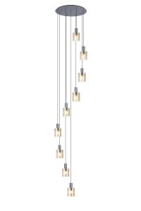 Brandroot Ribbed 86cm Round Pendant, 9 Light Adjustable E27, Dark Grey/Amber Narrow Line Glass Item Weight: 21kg