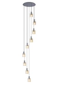 Brandroot Ribbed 86cm Round Pendant, 9 Light Adjustable E27, Dark Grey/Amber Wide Line Glass Item Weight: 21kg