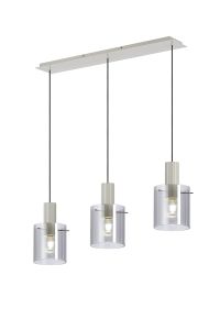 Brandroot Ribbed Linear Pendant, 3 Light Adjustable E27, Beige Stone/Smoke Narrow Line Glass