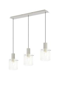 Brandroot Ribbed Linear Pendant, 3 Light Adjustable E27, Beige Stone/Frosted/Clear Wide Line Glass