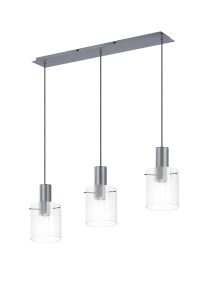 Brandroot Ribbed Linear Pendant, 3 Light Adjustable E27, Dark Grey/Clear Narrow Line Glass