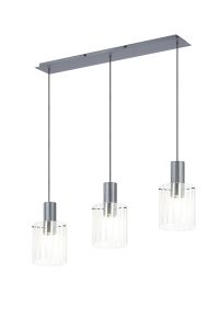 Brandroot Ribbed Linear Pendant, 3 Light Adjustable E27, Dark Grey/Frosted/Clear Wide Line Glass