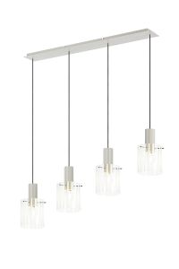 Brandroot Ribbed Linear Pendant, 4 Light Adjustable E27, Beige Stone/Frosted/Clear Wide Line Glass