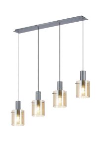 Brandroot Ribbed Linear Pendant, 4 Light Adjustable E27, Dark Grey/Amber Narrow Line Glass