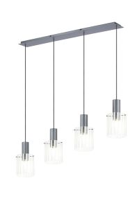 Brandroot Ribbed Linear Pendant, 4 Light Adjustable E27, Dark Grey/Frosted/Clear Wide Line Glass