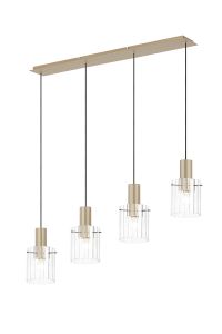 Brandroot Ribbed Linear Pendant, 4 Light Adjustable E27, Light Gold/Clear Wide Line Glass