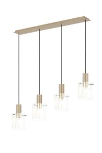 Brandroot Ribbed Linear Pendant, 4 Light Adjustable E27, Light Gold/Frosted/Clear Wide Line Glass