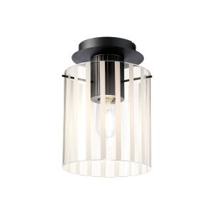 Brandroot Ribbed 21cm Round Ceiling Flush, 1 Light Flush Fitting E27, Dark Grey/Frosted/Clear Wide Line Glass