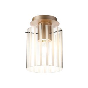 Brandroot Ribbed 21cm Round Ceiling Flush, 1 Light Flush Fitting E27, Light Gold/Frosted/Clear Wide Line Glass