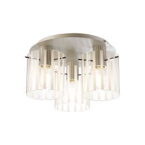 Brandroot Ribbed 41cm Round Ceiling Flush, 3 Light Flush Fitting E27, Beige Stone/Frosted/Clear Wide Line Glass