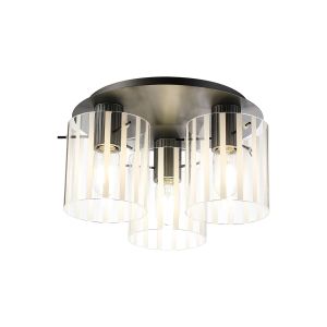 Brandroot Ribbed 41cm Round Ceiling Flush, 3 Light Flush Fitting E27, Dark Grey/Frosted/Clear Wide Line Glass