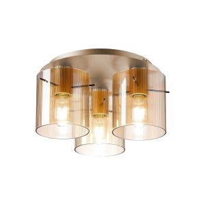 Brandroot Ribbed 41cm Round Ceiling Flush, 3 Light Flush Fitting E27, Light Gold/Amber Narrow Line Glass