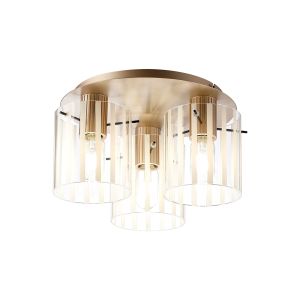 Brandroot Ribbed 41cm Round Ceiling Flush, 3 Light Flush Fitting E27, Light Gold/Frosted/Clear Wide Line Glass