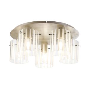 Brandroot Ribbed 56cm Round Ceiling Flush, 5 Light Flush Fitting E27, Beige Stone/Frosted/Clear Wide Line Glass