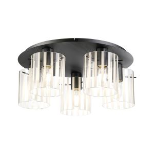 Brandroot Ribbed 56cm Round Ceiling Flush, 5 Light Flush Fitting E27, Dark Grey/Frosted/Clear Wide Line Glass