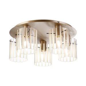 Brandroot Ribbed 56cm Round Ceiling Flush, 5 Light Flush Fitting E27, Light Gold/Frosted/Clear Wide Line Glass