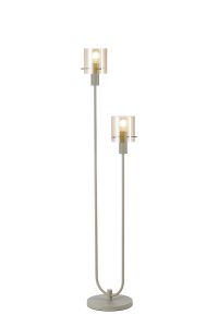 Brandroot Ribbed Stepped Floor Lamp, 2 Light E27, Beige Stone/Amber Narrow Line Glass