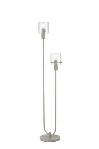 Brandroot Ribbed Stepped Floor Lamp, 2 Light E27, Beige Stone/Clear Wide Line Glass