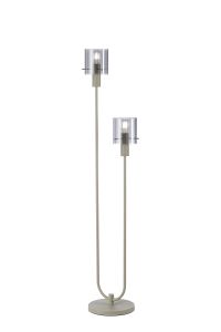 Brandroot Ribbed Stepped Floor Lamp, 2 Light E27, Beige Stone/Smoke Wide Line Glass