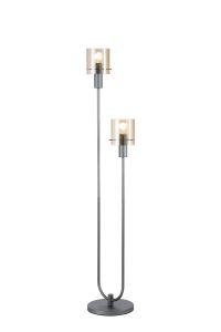 Brandroot Ribbed Stepped Floor Lamp, 2 Light E27, Dark Grey/Amber Narrow Line Glass