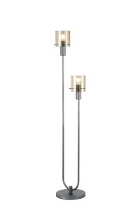 Brandroot Ribbed Stepped Floor Lamp, 2 Light E27, Dark Grey/Amber Wide Line Glass