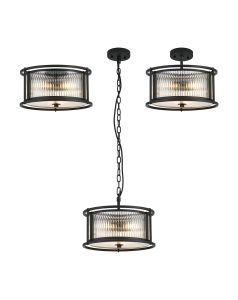 Lyon 35cm Round Flush/Semi Ceiling/Pendant Convertible, 3 x E14, Satin Black/Clear Glass