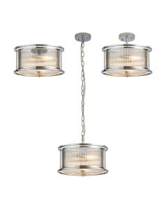 Lyon 35cm Round Flush/Semi Ceiling/Pendant Convertible, 3 x E14, Polished Chrome/Clear Glass