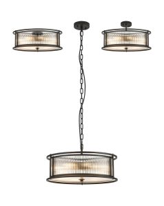 Lyon 50cm Round Flush/Semi Ceiling/Pendant Convertible, 6 x E14, Satin Black/Clear Glass