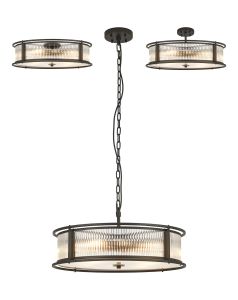 Lyon 65cm Round Flush/Semi Ceiling/Pendant Convertible, 8 x E14, Satin Black/Clear Glass