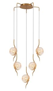 Corte 63cm Round 5 Light Spider Pendant With 160mm Glass, Brass/Amber