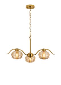 Corte 70cm 3 Light Multi Arm Pendant/Semi Flush With 160mm Glass, Brass/Amber
