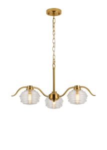 Corte 70cm 3 Light Multi Arm Pendant/Semi Flush With 160mm Glass, Brass/Clear