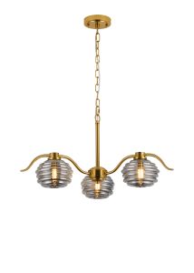 Corte 70cm 3 Light Multi Arm Pendant/Semi Flush With 160mm Glass, Brass/Smoke