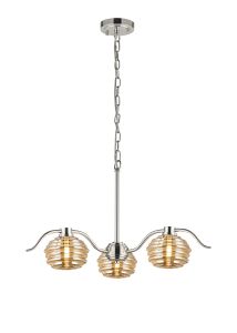 Corte 70cm 3 Light Multi Arm Pendant/Semi Flush With 160mm Glass, Polished Nickel/Amber