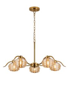 Corte 80cm 5 Light Multi Arm Pendant/Semi Flush With 160mm Glass, Brass/Amber