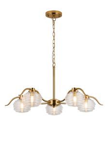 Corte 80cm 5 Light Multi Arm Pendant/Semi Flush With 160mm Glass, Brass/Clear