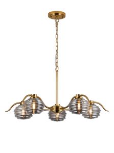 Corte 80cm 5 Light Multi Arm Pendant/Semi Flush With 160mm Glass, Brass/Smoke