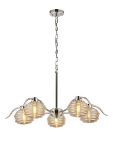 Corte 80cm 5 Light Multi Arm Pendant/Semi Flush With 160mm Glass, Polished Nickel/Amber