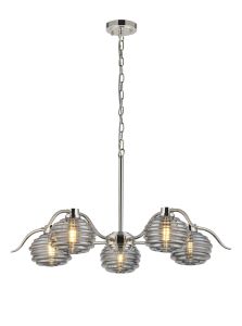 Corte 80cm 5 Light Multi Arm Pendant/Semi Flush With 160mm Glass, Polished Nickel/Smoke